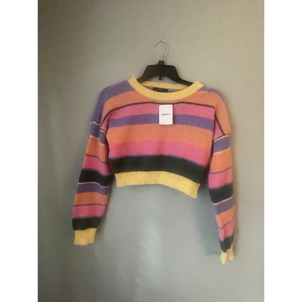 Forever 21 Striped‎ womens Knit Crop Top SWEATER shirt fuzzy Medium NWT